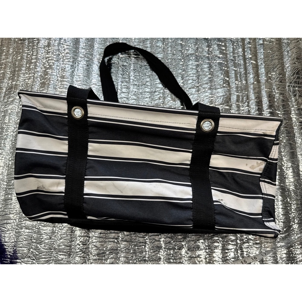 Thirty-One Small Utility Tote Black White Striped Canvas Organizer Bag